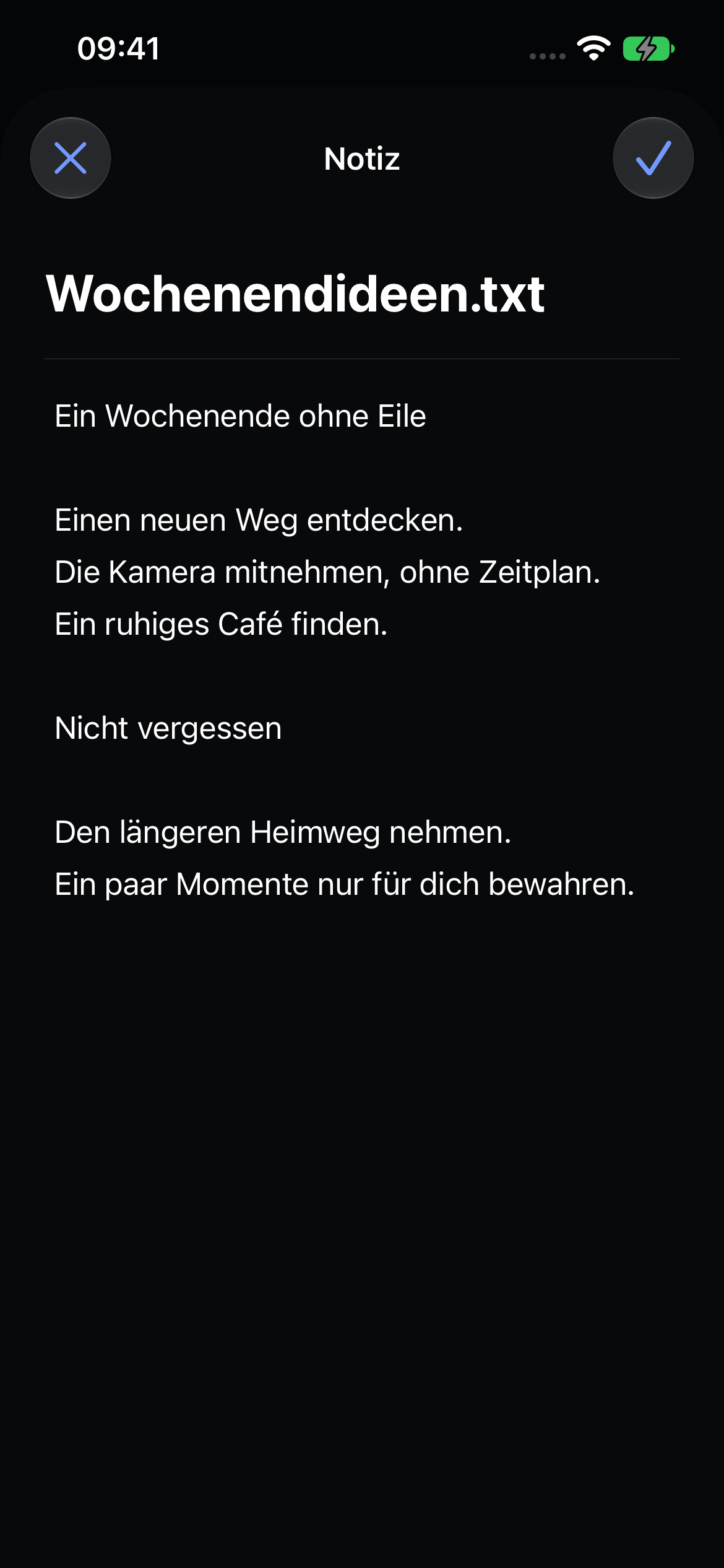 Der native Notizeditor von Veil mit einer Beispielnotiz.