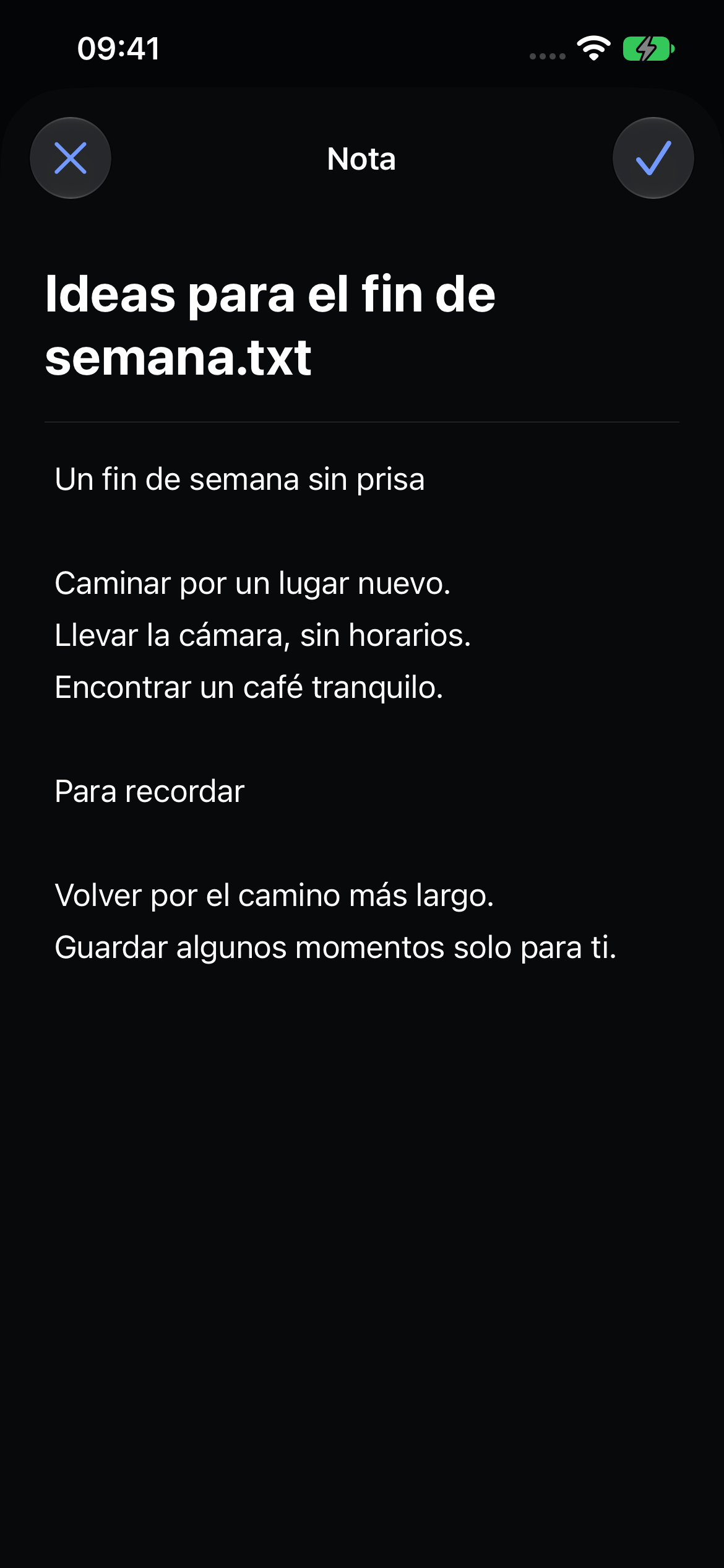 Editor nativo de notas de Veil con una nota de viaje de ejemplo.