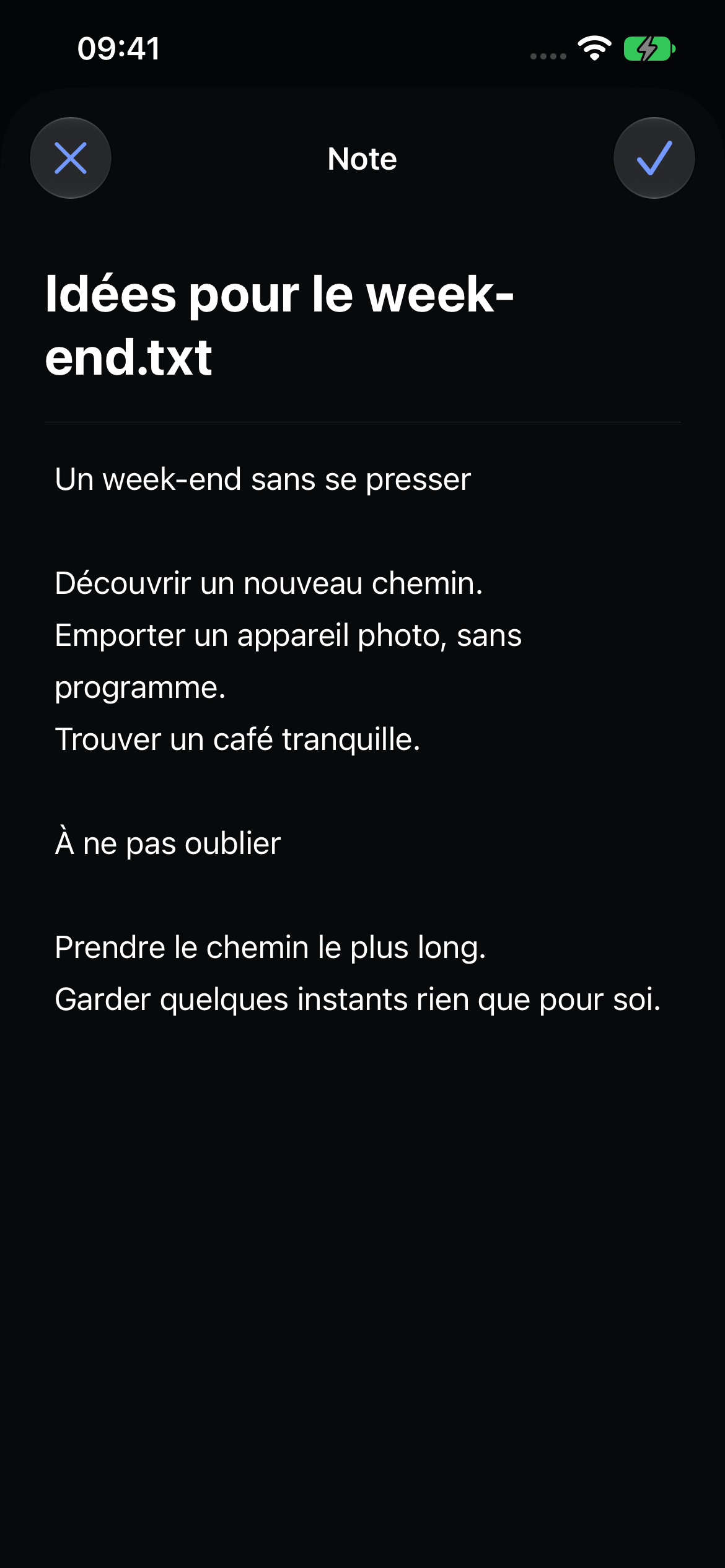 L’éditeur de notes natif de Veil avec une note de voyage d’exemple.