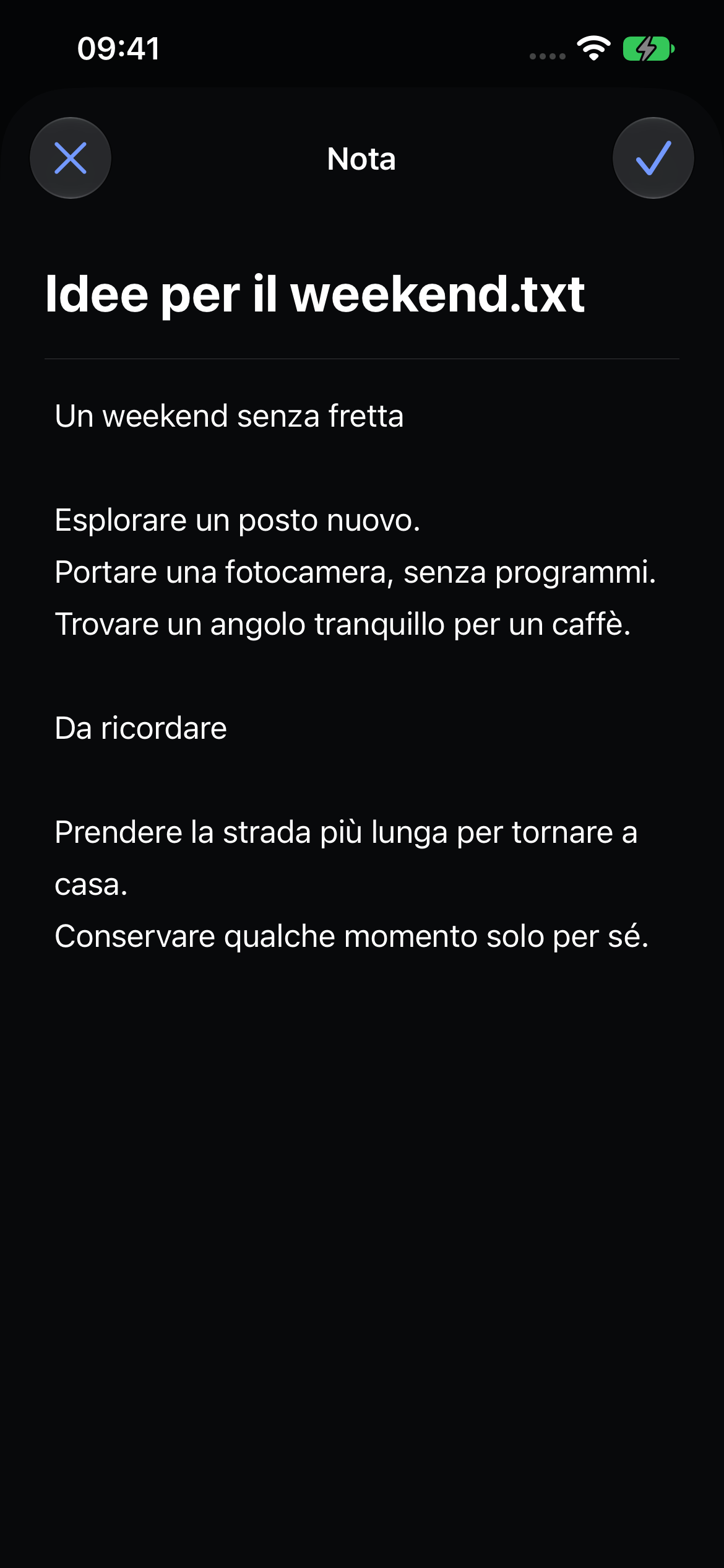 L’editor di note nativo di Veil con una nota di viaggio di esempio.