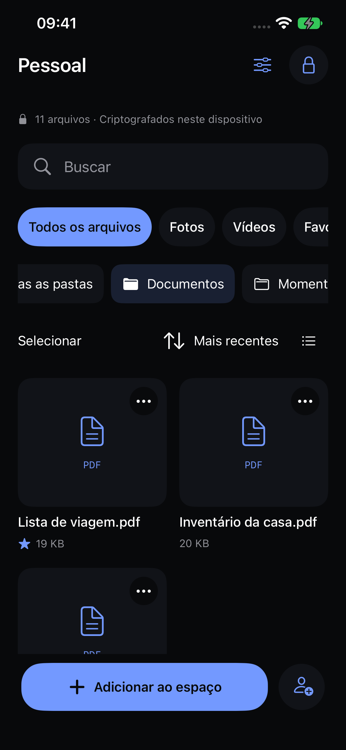 Pasta nativa de documentos do Veil com PDFs de exemplo.