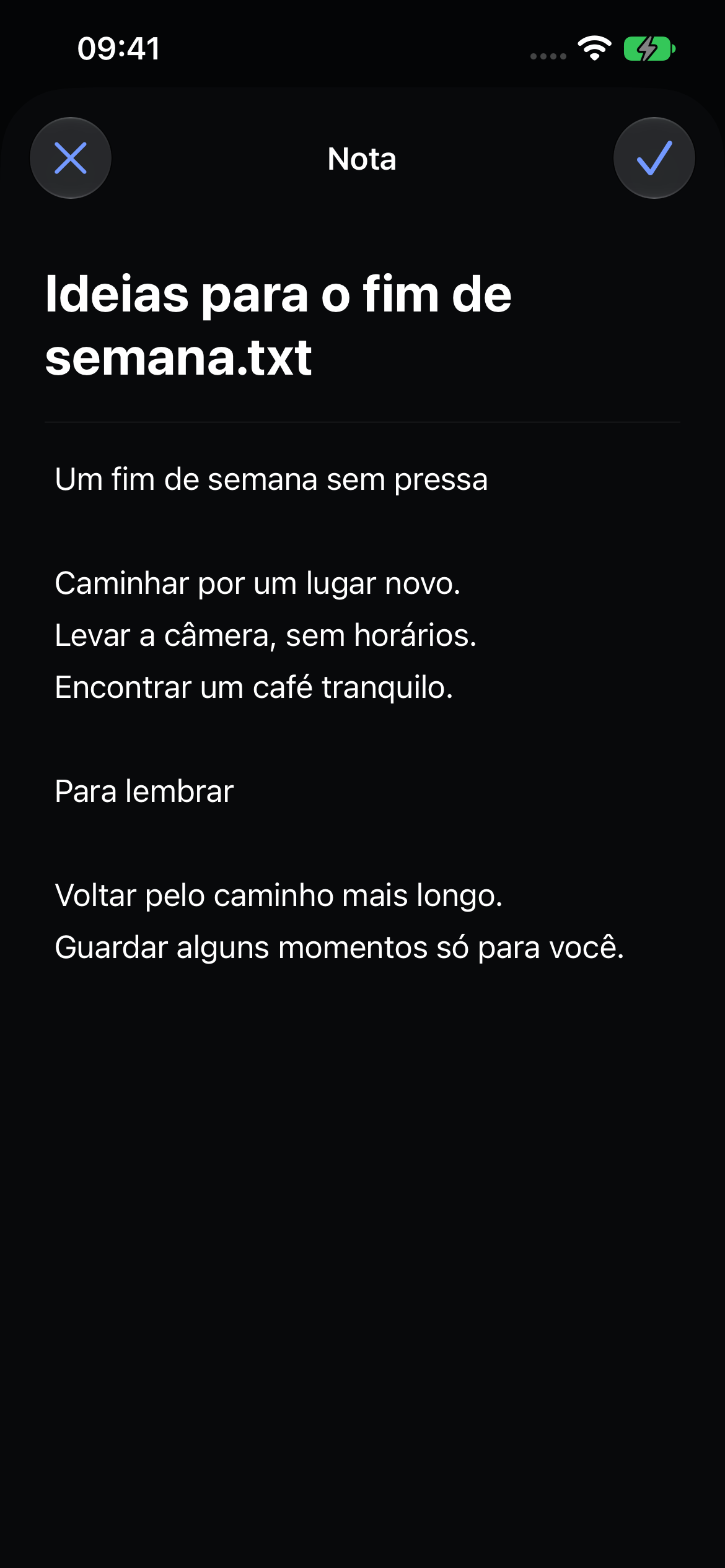 Editor nativo de notas do Veil com uma nota de viagem de exemplo.