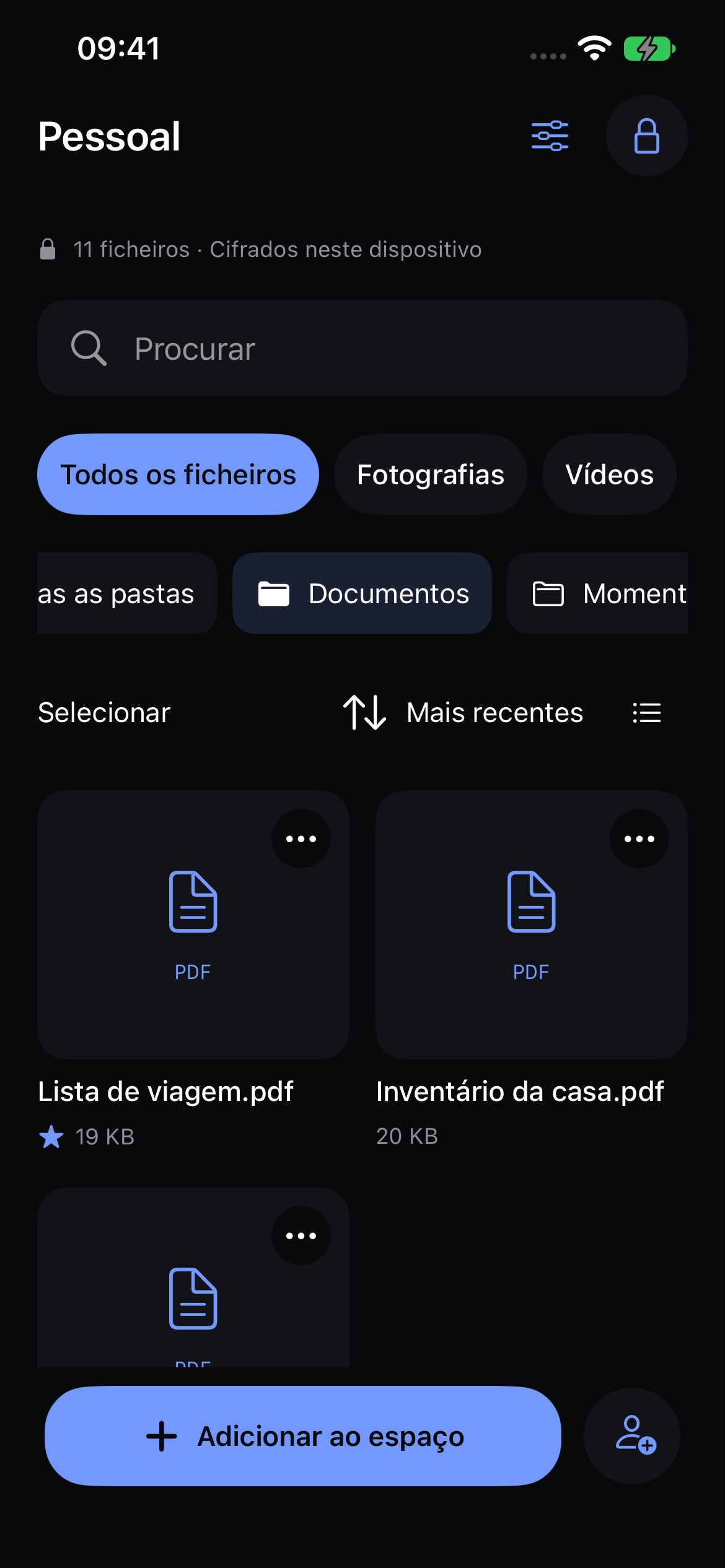 Pasta nativa de documentos do Veil com PDFs de exemplo.