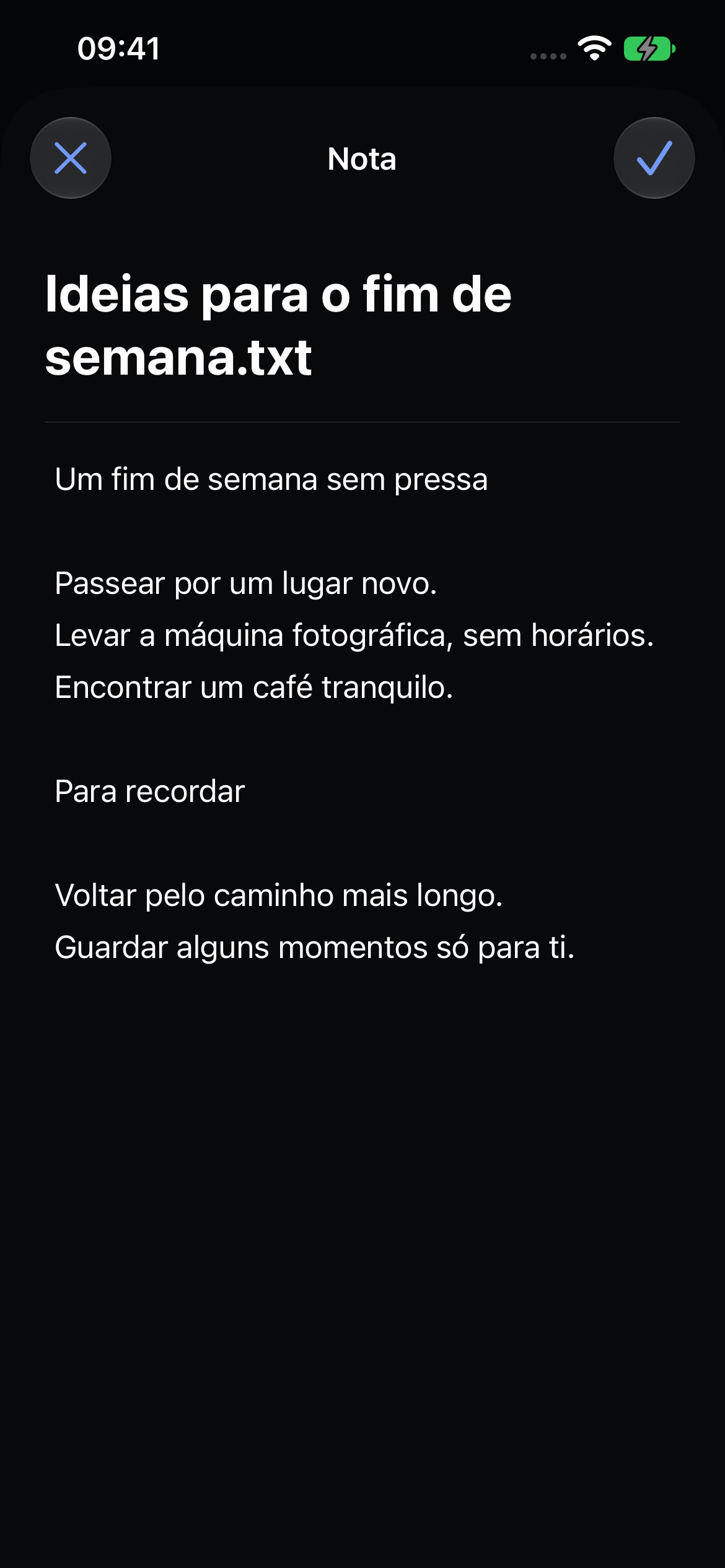 Editor nativo de notas do Veil com uma nota de viagem de exemplo.